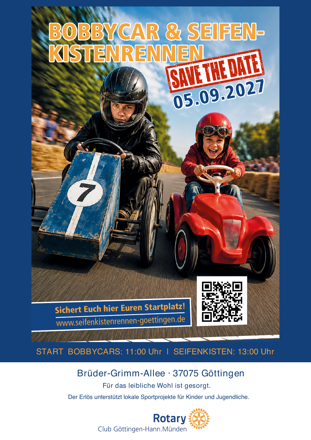Bobbycar- und Seifenkistenrennen am 5. September 2027 in der Brüder-Grimm-Allee, Göttingen. Start: Bobbycars 11 Uhr, Seifenkisten 13 Uhr.